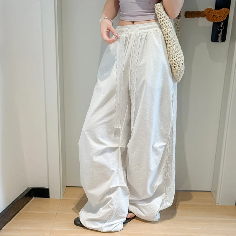 Women Summer Casual Elegant Leisure High Waist Loose Parachute Pants Wide Leg Lace Panel Sports Pants