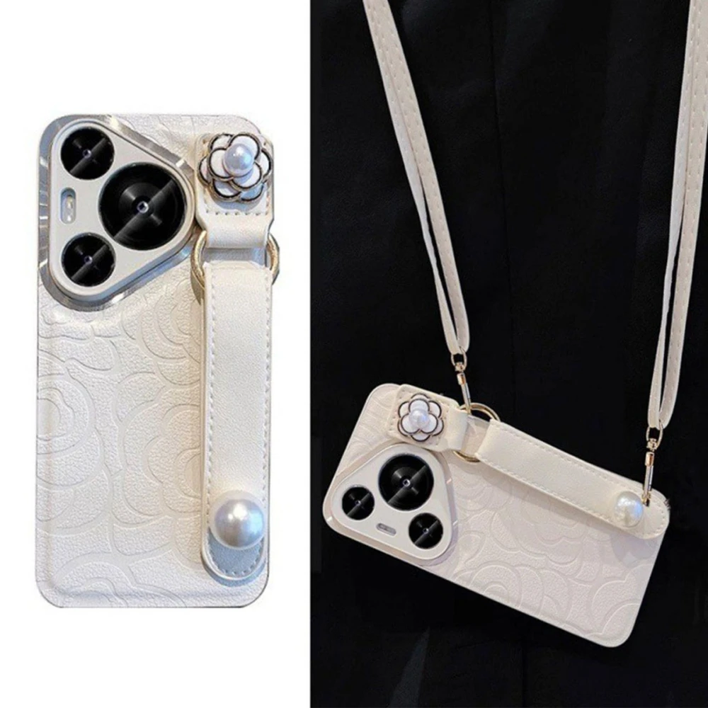 

Luxury Imitation Leather Phone Case for Huawei Pura 80 70 pro ultra 60 50 40 Camellia Wristband Pearl Lanyard Crossbody Chain