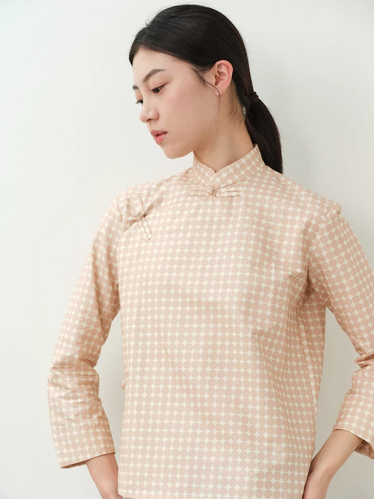 

Retro Polka Dot Silk Cotton Slant Button Chinese Sle Small Stand Collar Nine Sve Qipao Mahua Women's irt