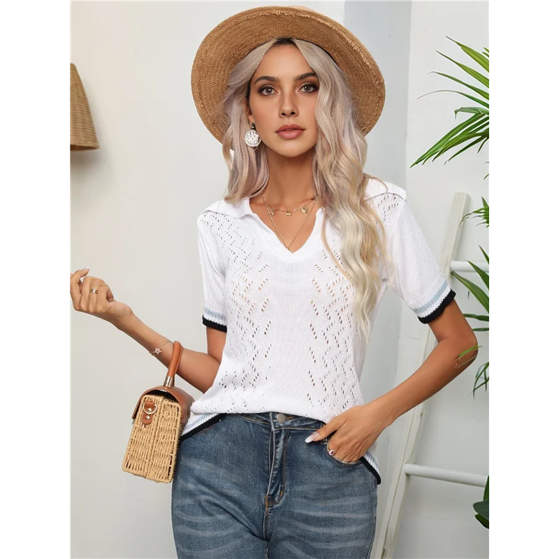 

【SEE】Womens 2025 Summer Short Sleeve Tops V-Neck Collared Pullover Knit Blouses Light-Weight Knit Shirt