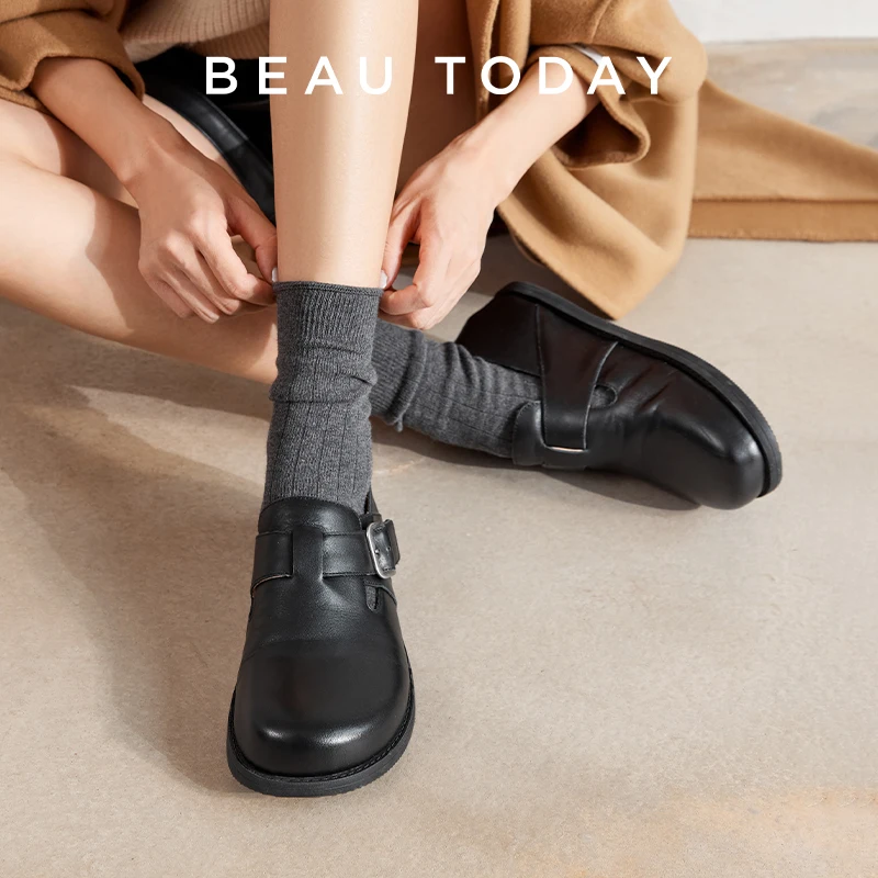 

BEAUTODAY Casual Shoes Women Cow Leather Metal Buckle Round Toe Flats Summer Ladies Waterproof Thick Sole Shoes Handemade 24073