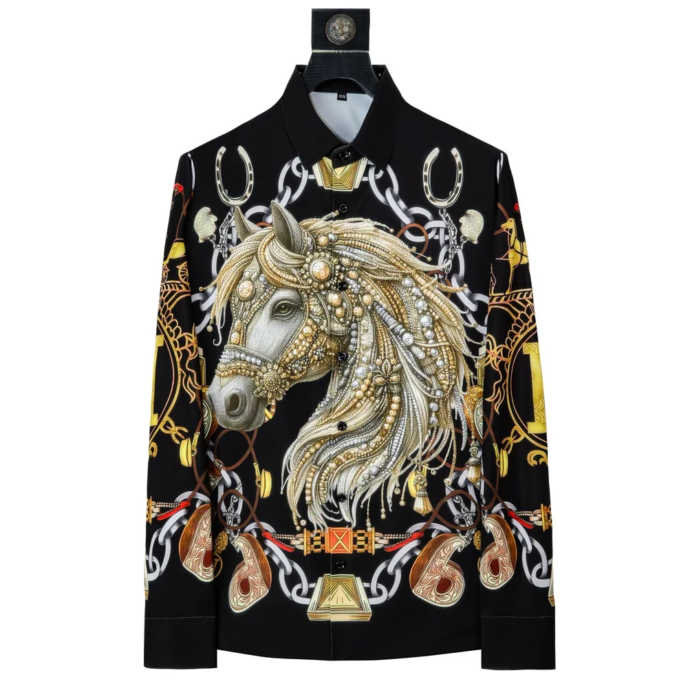 

Brand Luxury Rhinestone Shirt Men's High-quality Horse Print Slim Fit Casual Shirt Social Business Banquet Party Shirts M-5XL