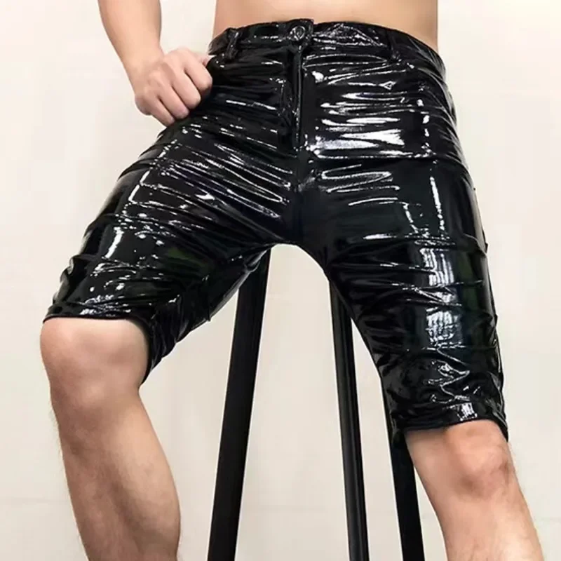 Sexy Nightclub Multicolor Elasticity Slim Men Motorcycle Shorts Shinny Leather Short Men's DS Costumes Anti-bright PU Pant