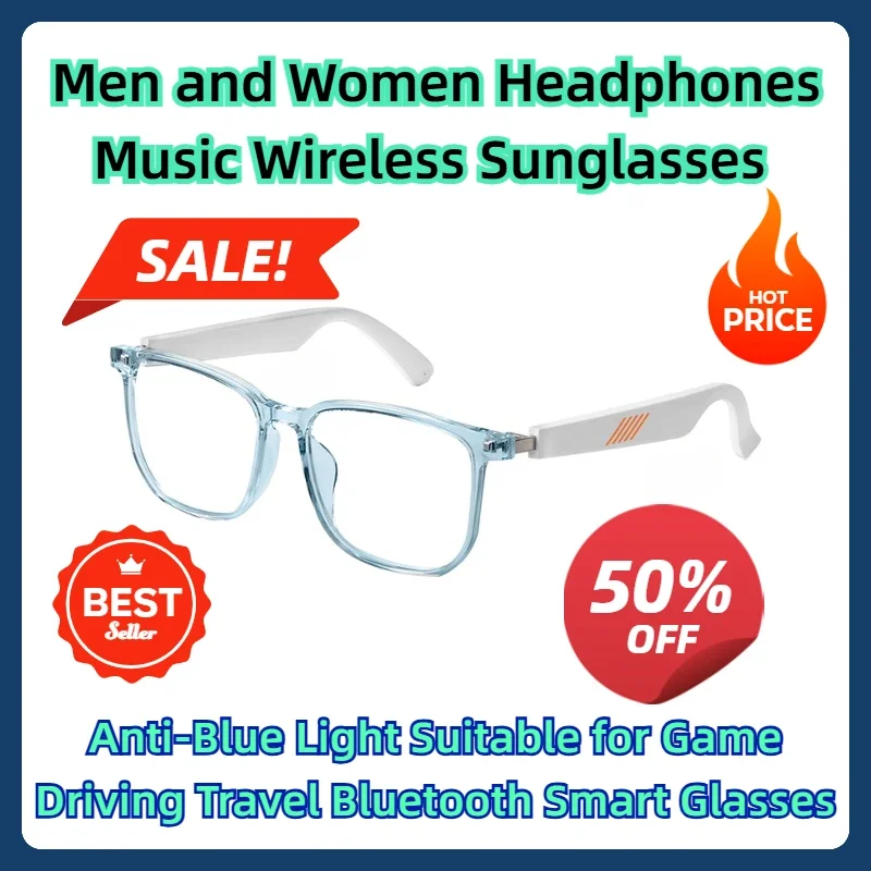 Men and Women Headphones Music Wireless Sunglasses Anti-Blue Light Suitable for Game Driving Travel Bluetooth Smart Glasses