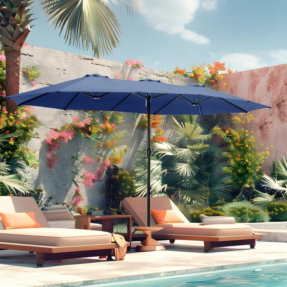 

15ft Double Sided Patio Umbrella with Base Included, Outdoor Large Rectangular Market Umbrellas with Crank Handle for Deck Pool