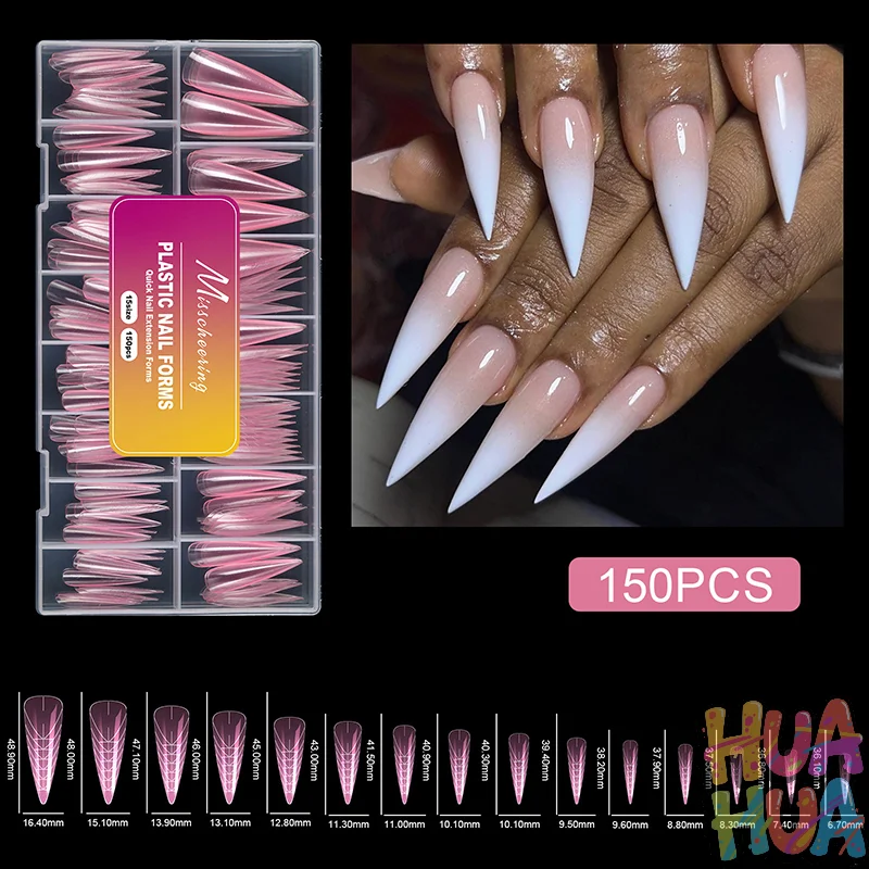 2025 هوا YY 150 قطعة أشكال مزدوجة لجل الأظافر أشكال أظافر ناعمة قوالب أكريليك غطاء كامل أظافر صناعية نصائح مانيكير تمديد هوا هوا