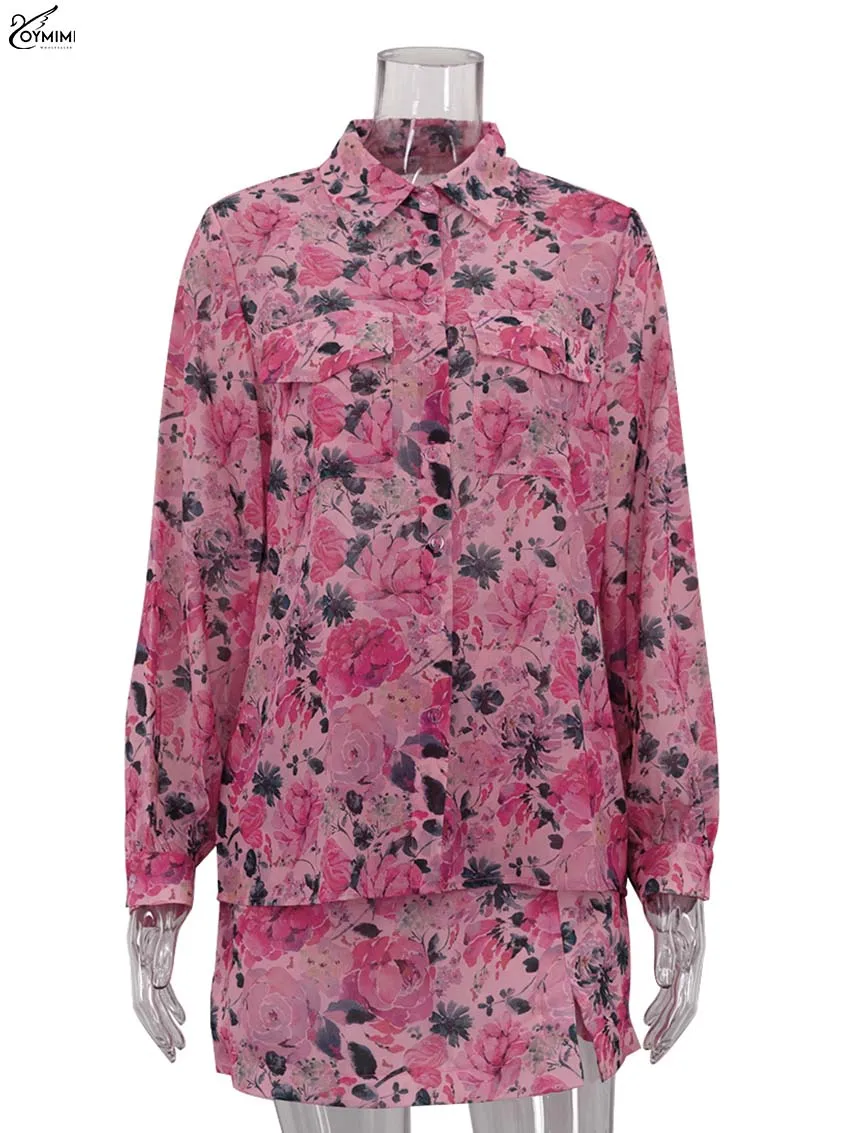 Oymimi Casual Roze Print Sets Dames 2-delige Elegante Revers Lange Mouw Zakken Shirts En Hoge Taille Zijrokken Dames Set