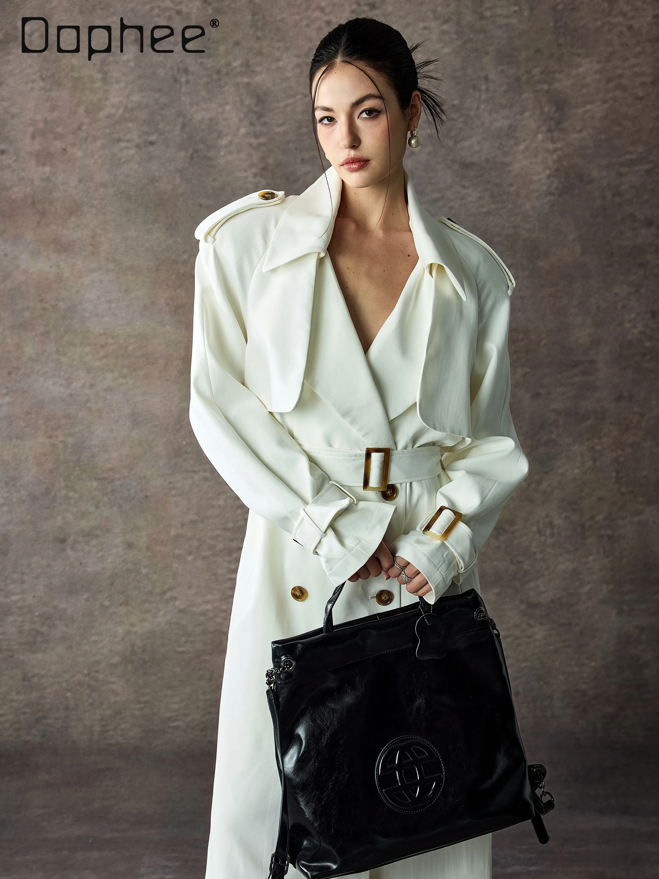 French Style Elegant Socialite White Lapel Tie Double-Breasted Trench Coat Women Autumn Commuting Versatile Elegant Long Coat