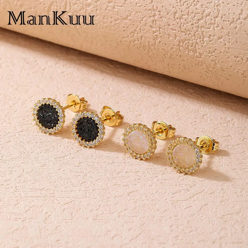 

Mankuu Fashion Jewelry Studs Natural Druzy Crystal Flower Shape Stud Earrings Gold Color Plated Charm Ear For Women Girl Gift