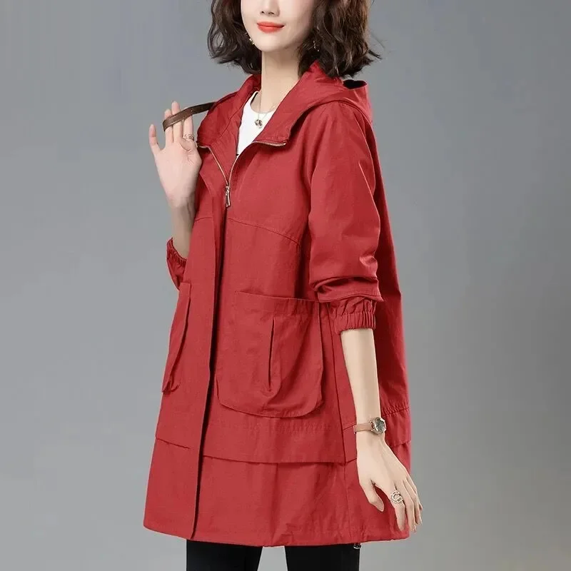 2024 Women Trench Coat With Hooded Tops Autumn New Coat Long-Sleeved Loose Mid-Length Outerwear Female Windbreaker