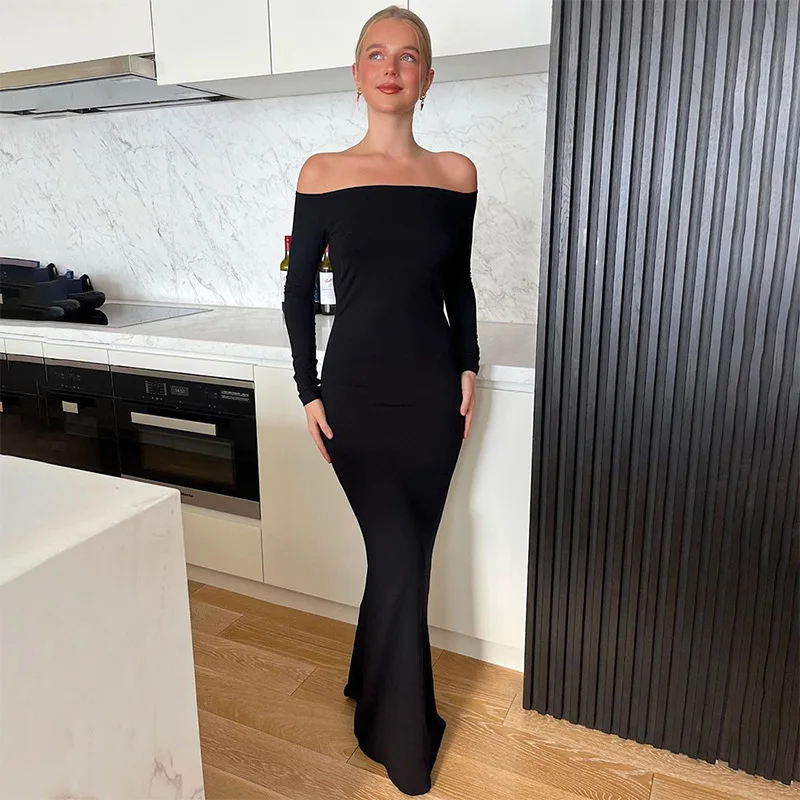 

Sexy Elegant Off Shoulder Maxi Black Dress Women Backless Bodycon Long Sleeve Slit Autumn Winter Dress Party 2024 Open Back