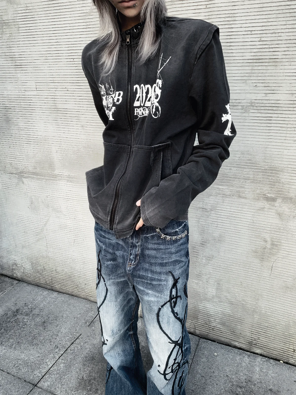 Gothic Style Visual Series Loose Fit Zipper Jacket Women's Cotton Denim Coat Unisex Vintage Washed Long Sleeve Casual Outerwear