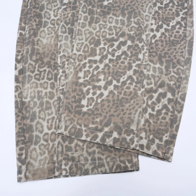 Americano retro vintage leopardo impressão faca curvada calças para homens e mulheres high-end solto silhueta até o chão unisex jeans