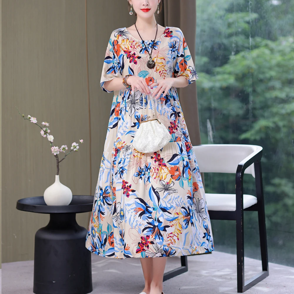 

New Fashion Casual Summer Dresses For Women 2024 Loose Clothes Print Elegant O-neck Short Sleeve Natural Woman Clothing