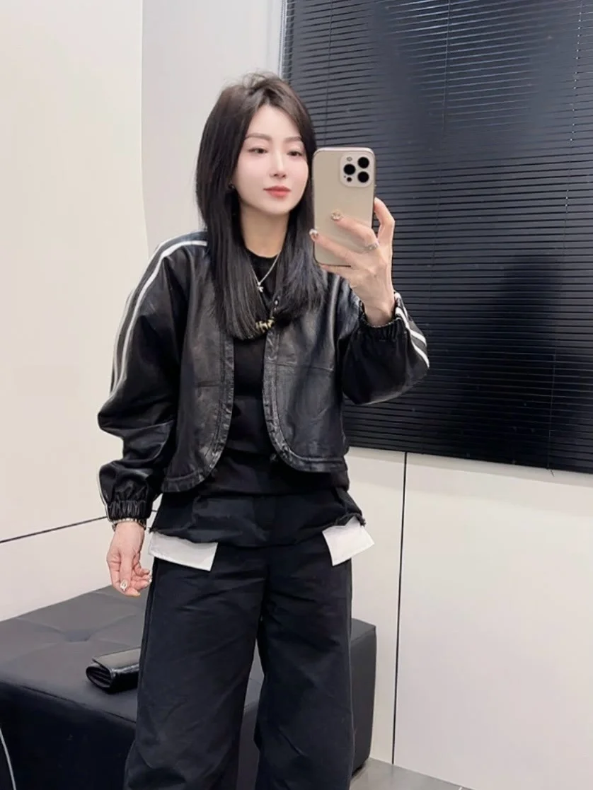 

Ning 2026 New Sle Women's Leather Jaet eepskin Coat Luxury Feel Small Size Genuine Leather Long Sve Zipper