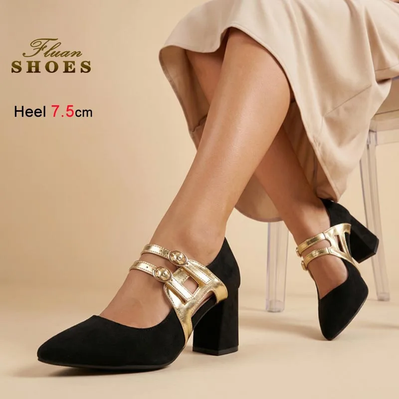 

Новые женские туфли-лодочки на толстом каблуке 7,5 см из замши с острым носком, модные, весна-осень 2026, большие размеры 35-46