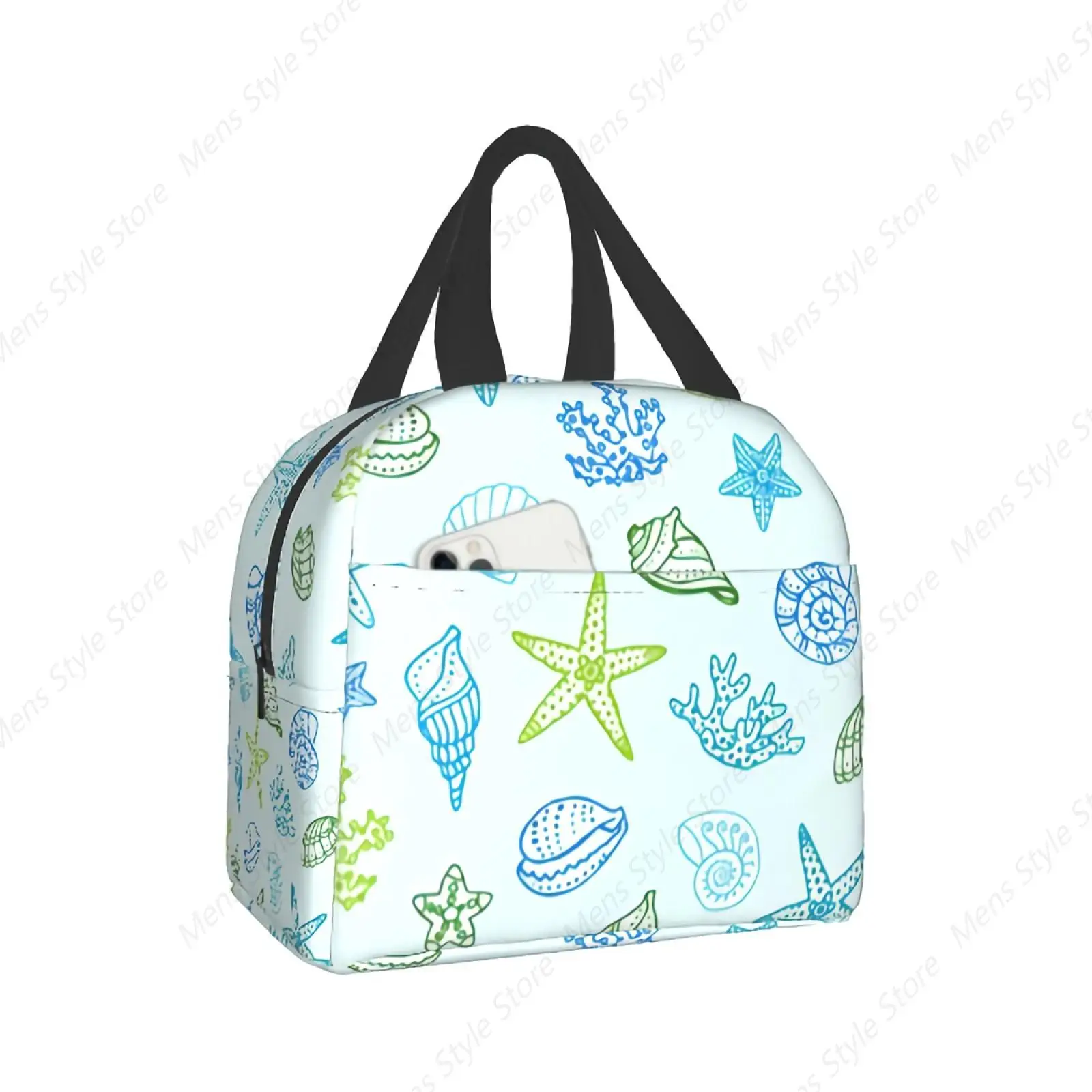 Starfish Shells Lunch Insulation Bag Portable Reusable Cooler Bag Underwater World Marine Life with Zipper and Front Pocket