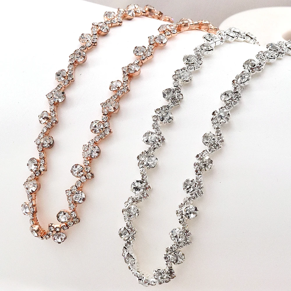 Beautiful W-shaped crystal chain silver handmade rhinestone trim sewn wedding dress bag with DIY decorative accessories