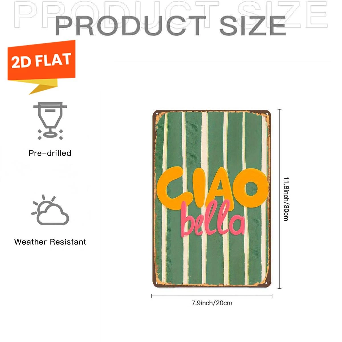 Ciao Bella Green Striped Text Tin Sign - Vintage Durable Metal Plaque Wall Decor, Home Office Bar Man Cave Wall Art