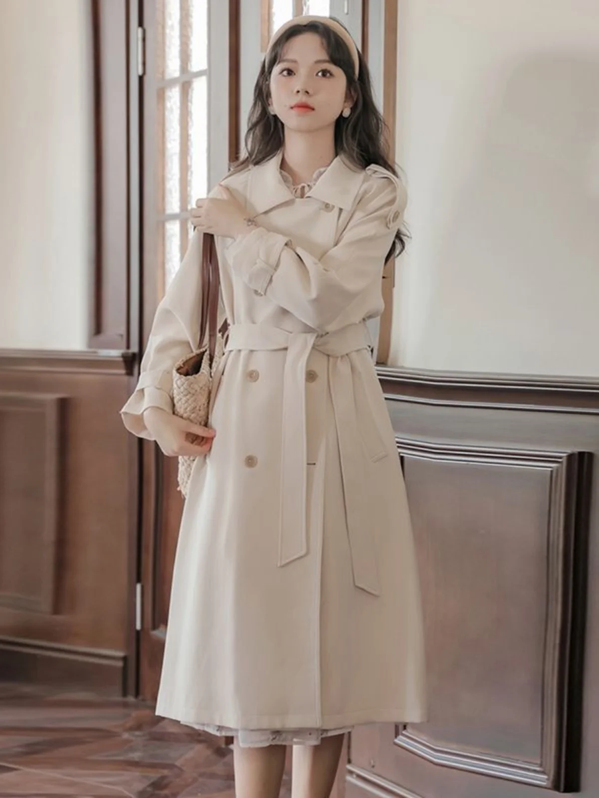 

Ele Briti Sle Women's Coat Jaet Long Sve Khaki Spring Autumn New Sle Faionable Casual Lapel Coat Outerwear