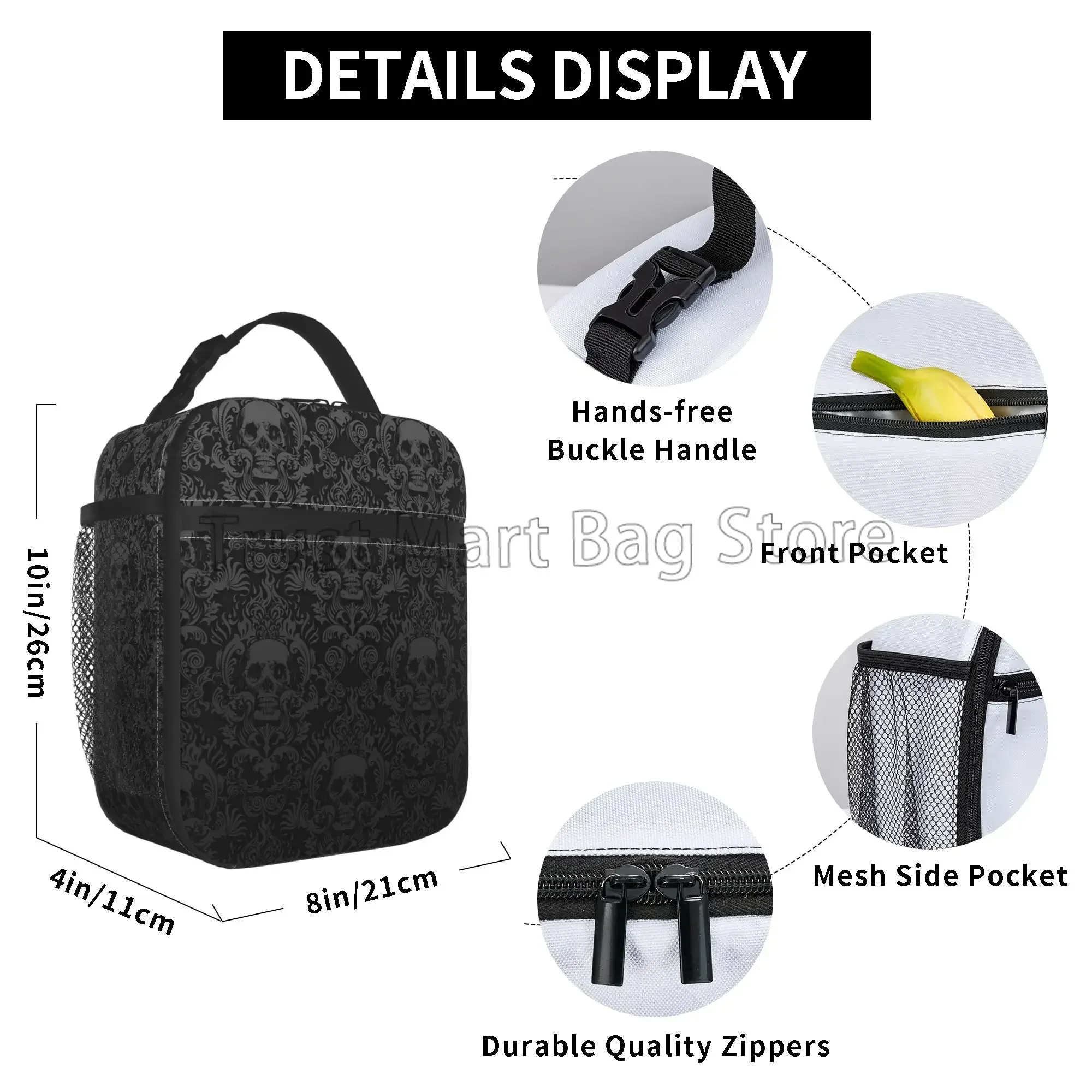 Vintage Halloween Black Victorian Gothic Skull Damask Insulated Lunch Bag Portable Waterproof Lunch Box Thermal Cooler Tote Bags