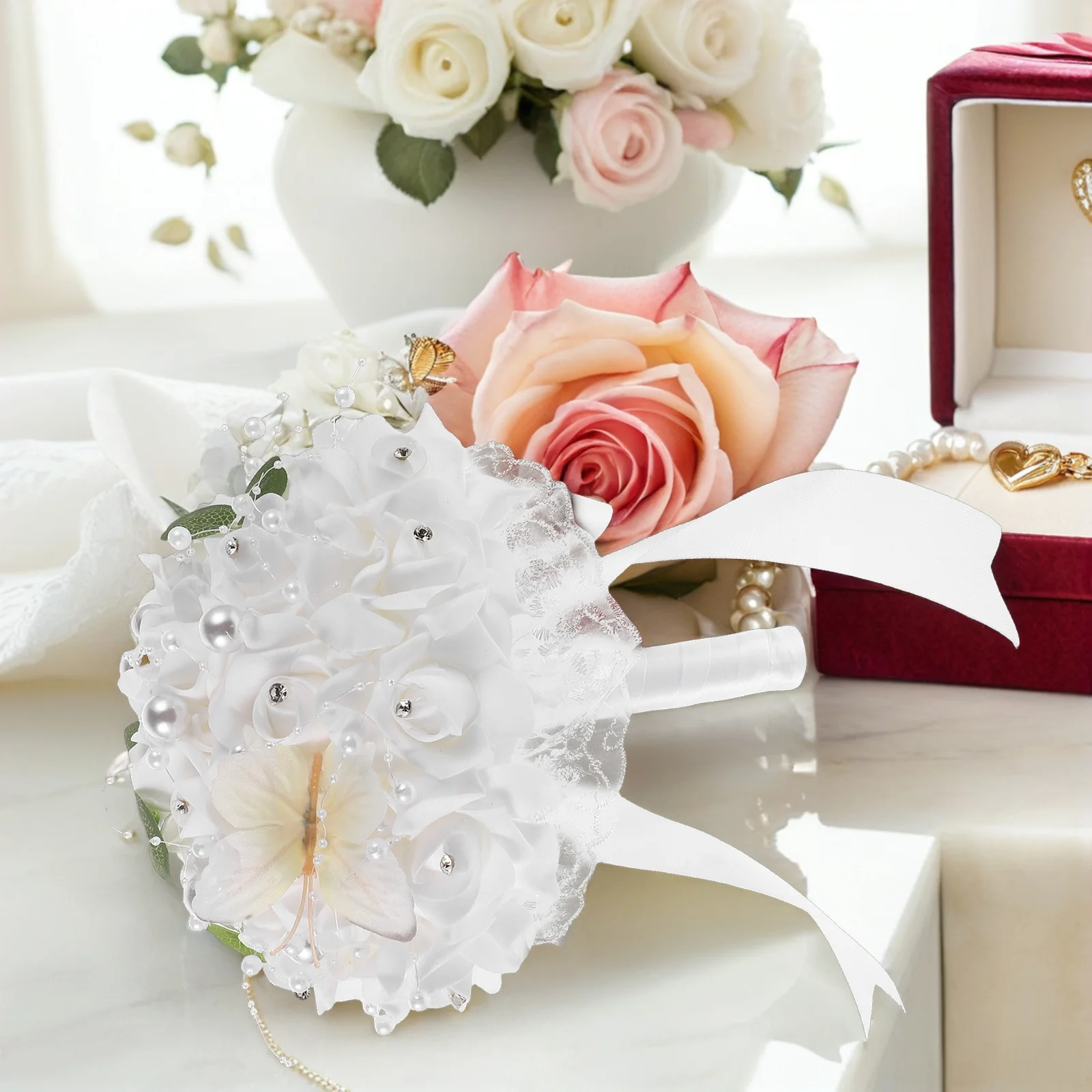 

1pcs Wedding Bouquet Bride Flowers Artificial Rose Hand Bridal Simulated Korean Elegant Design Realistic Material Lightweight