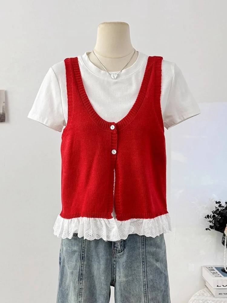 

Korobov sweet preppy Autumn all match U Neck sleeveless Single breasted solid lace patchwork knitted Sweater Vest