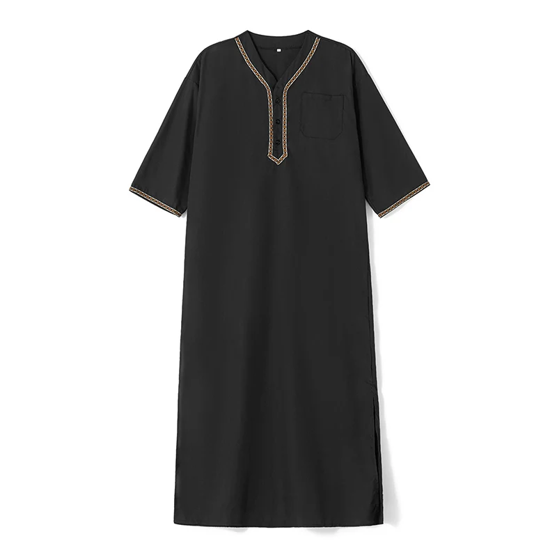 Herren V-Ausschnitt Leinen Robe Halbarm Kaftan Thobe Langes Kleid Freizeit hemd Baumwolle Bademantel mit Taschen für den Strand