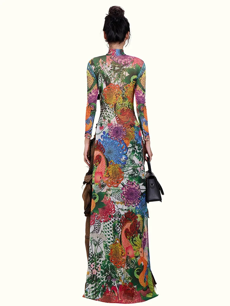 

Стильная красочная футболка Sisterlinda для женщин, удлиненная, с длинным рукавом, полувысоким воротником, с цветочным принтом, весенняя новинка, тренд для отпуска, приталенная футболка