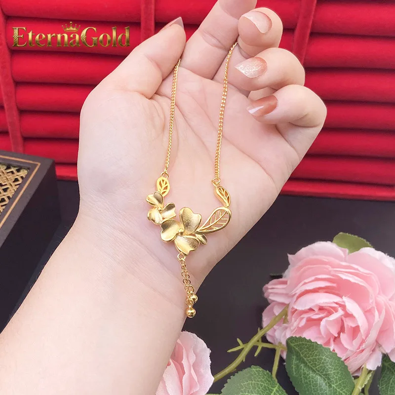 

EternaGold Luxury 24K 9999 Pure Gold real gold Women's Twin Flower Trifoliage Leaf Pendant Necklace