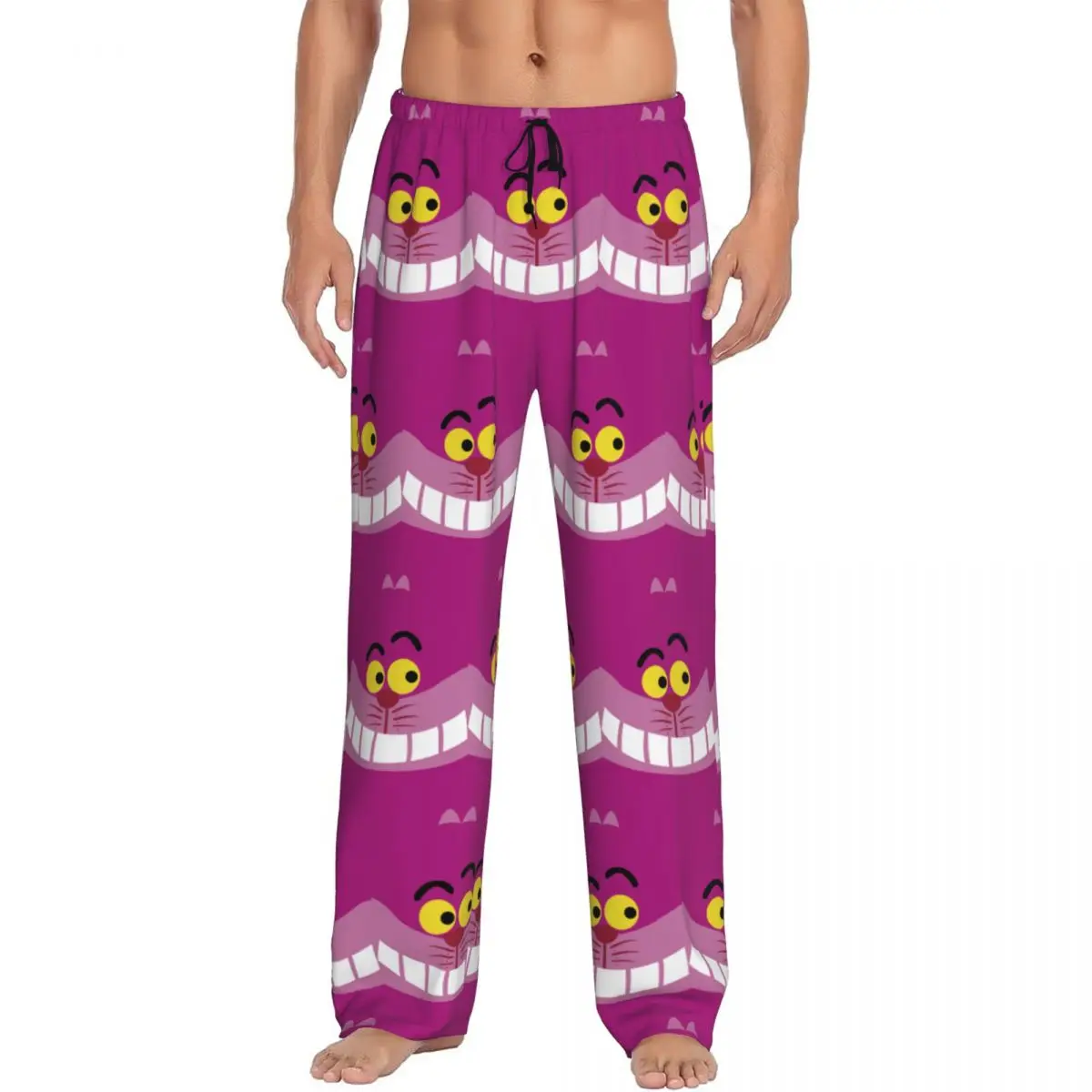 Pantalones de pijama con estampado personalizado para hombre, ropa de dormir con estampado de animales de gato de Cheshire sonriente, ropa de dormir de dibujos animados de Alicia en el país de las Maravillas, pantalones para dormir con bolsillos