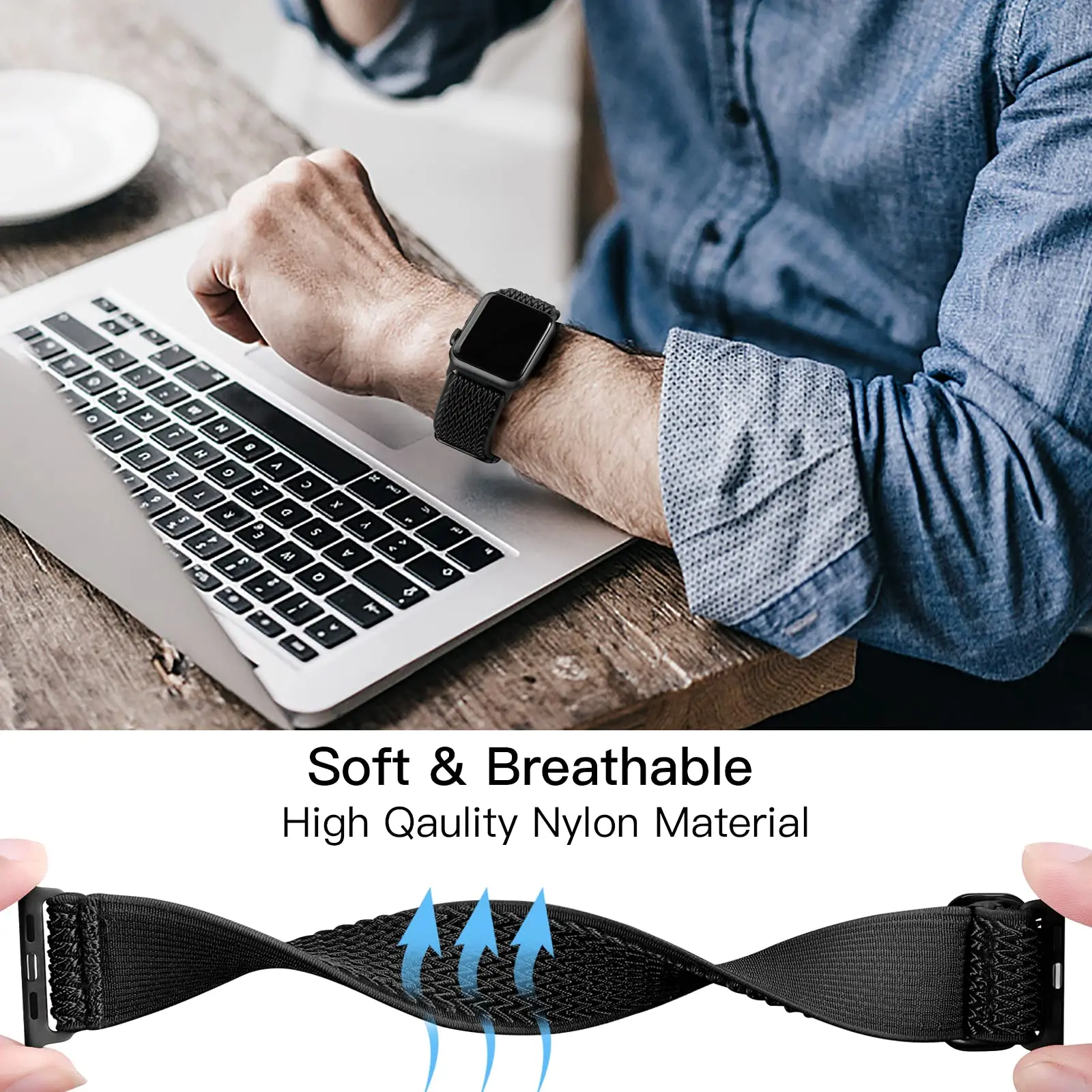 Compatible with Apple Watch Bands Stretchy Soft Nylon Strap for Apple Watch Ultra 2 iWatch SE Series 9 8 7 6 5 4 3 2 1