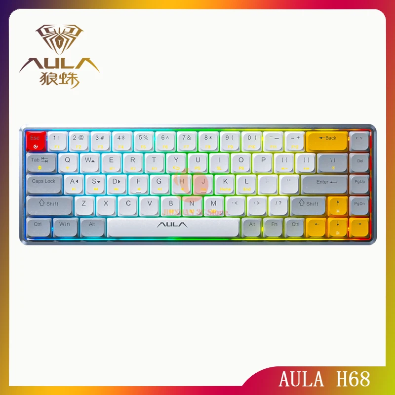 AULA H68 RGB Super Slim Mechanical Gaming Keyboard Low Profile USB Bluetooth Wireless 2.4G Tri-mode 68 Key Gamer Keyboard for PC