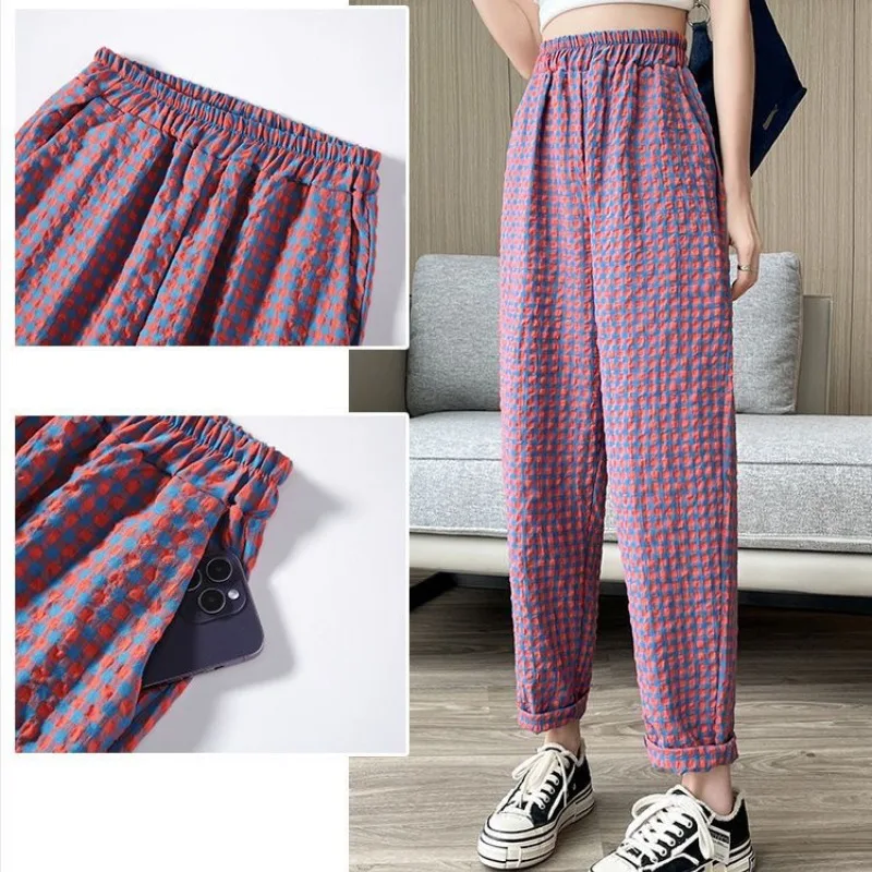 Women's Clothing Spring Autumn Elastic Plaid Contrast Color High Waisted Pockets Casual Straight Sweatpants Trousers Pants
