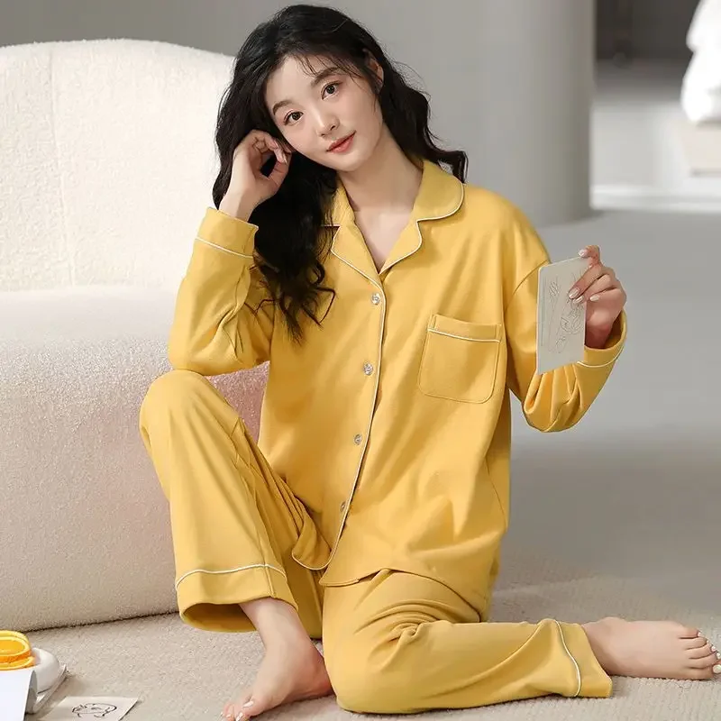 

Soft Nightwear Women Autumn Pajamas Sets Long Sleeve Tops Pants Kawaii Clothing Korean Buttons Homewear Korean Loose Nightwear