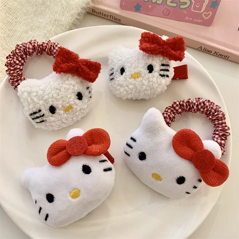 Sanurgente-Barrettes en peluche mignonnes pour filles, cravates élastiques, épingle à cheveux de dessin animé Kawaii, accessoires de mode, Hello Kitty, doux, cadeau