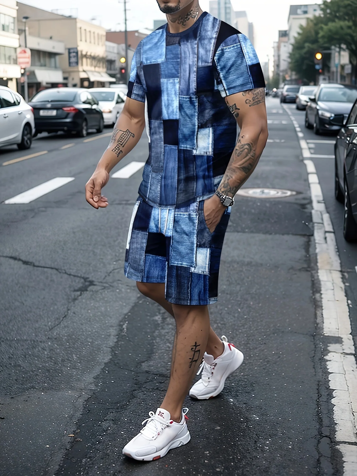 

2-piece Men's Patchwork Pattern Print Summer Outfit Set, Men's Short Sleeve Crew Neck T-shirt & Drawstring Shorts With Pockets