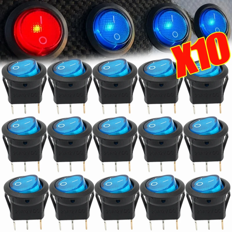 Round Mini Rocker Switch 12V Red Lighting Small Toggle Switch Modified Automobile and Motorcycle Marine with LED Light Switch
