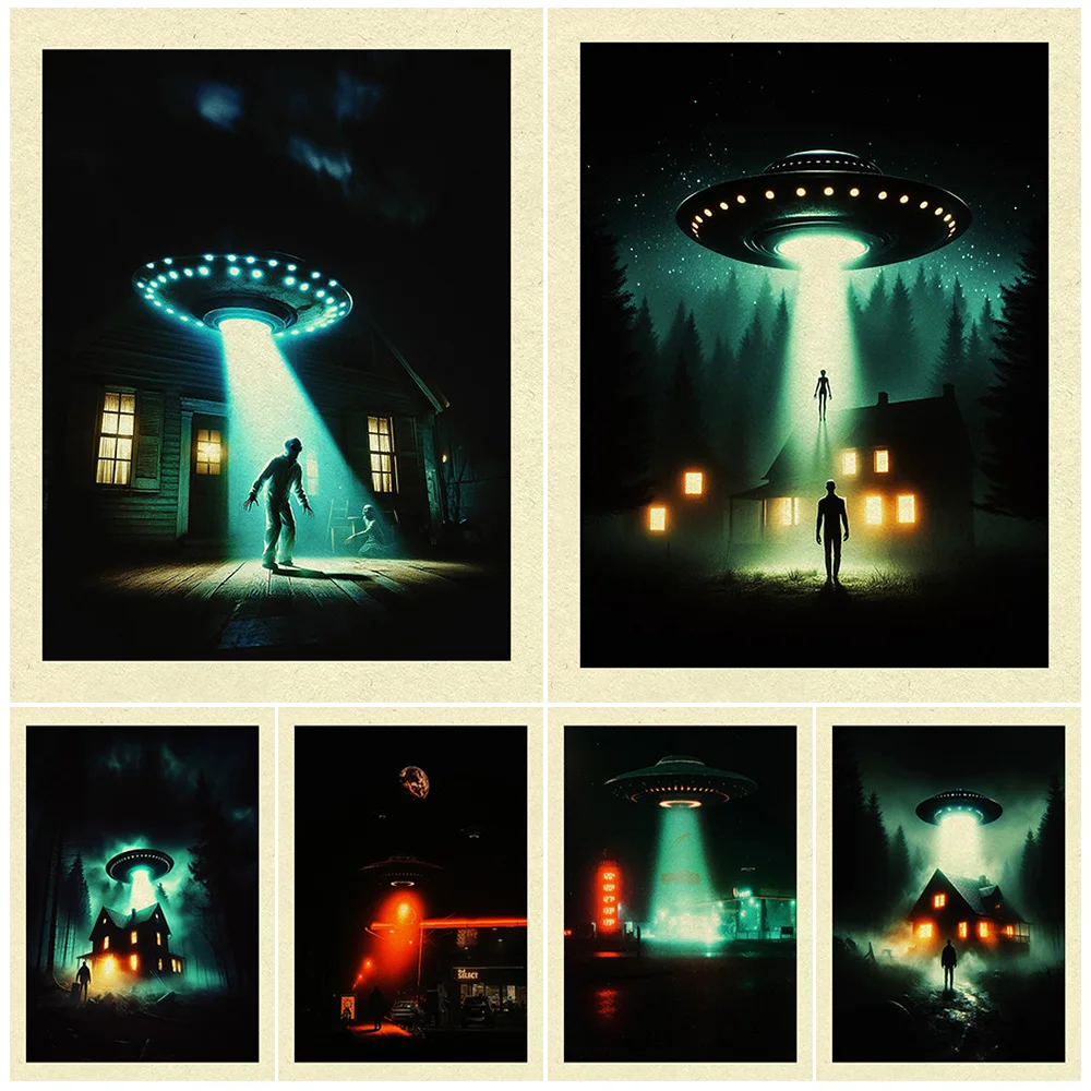 Alien Spacecraft Invasion,Fantasy Wall Art Canvas Painting,Mysterious Contact With UFO,Gothic Art Poster And Print Home Decor