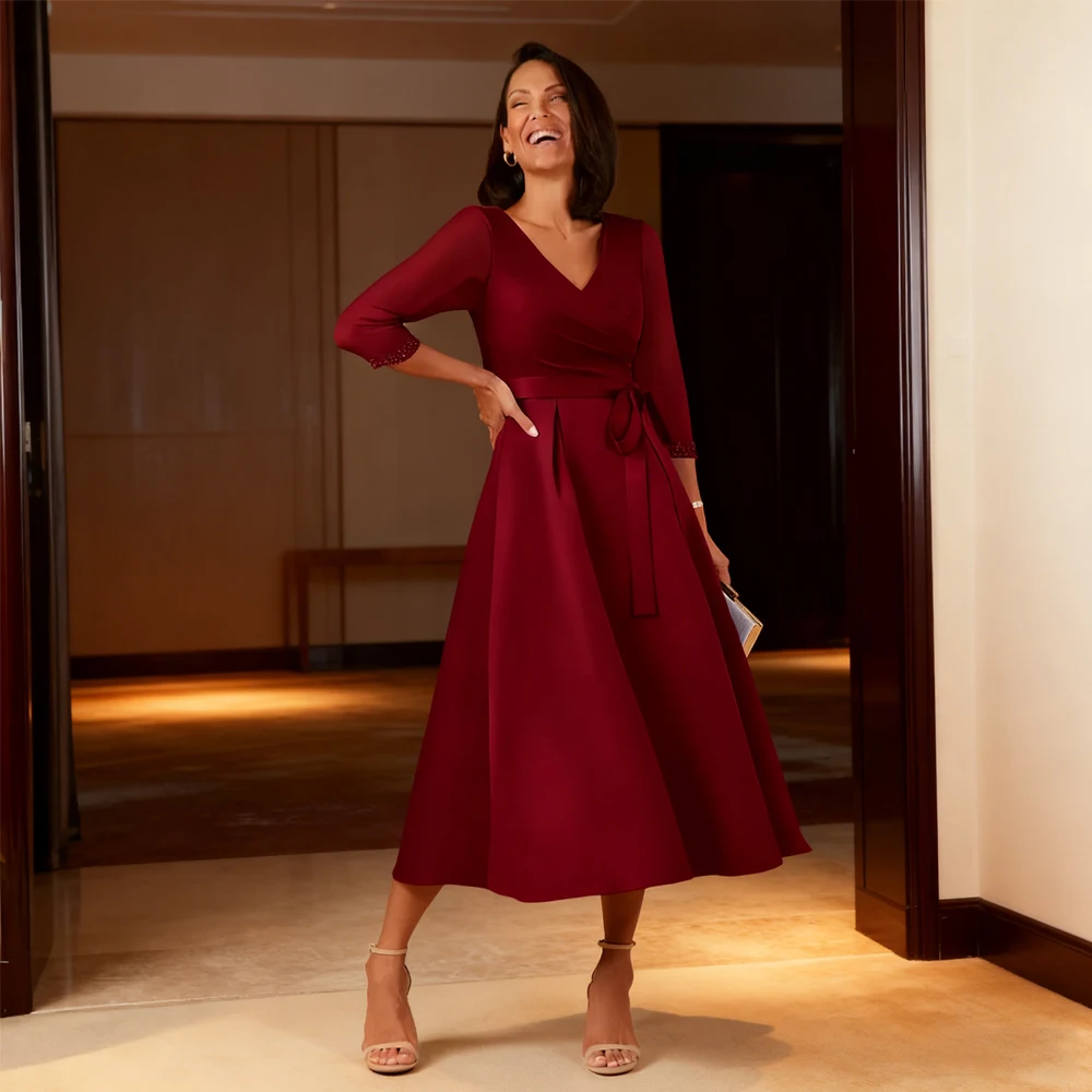 

Customized Mother of Bride Dresses with Belt Summer New Three Quarter Wedding Party Dresses Tea Length Summer Robe De Soirée