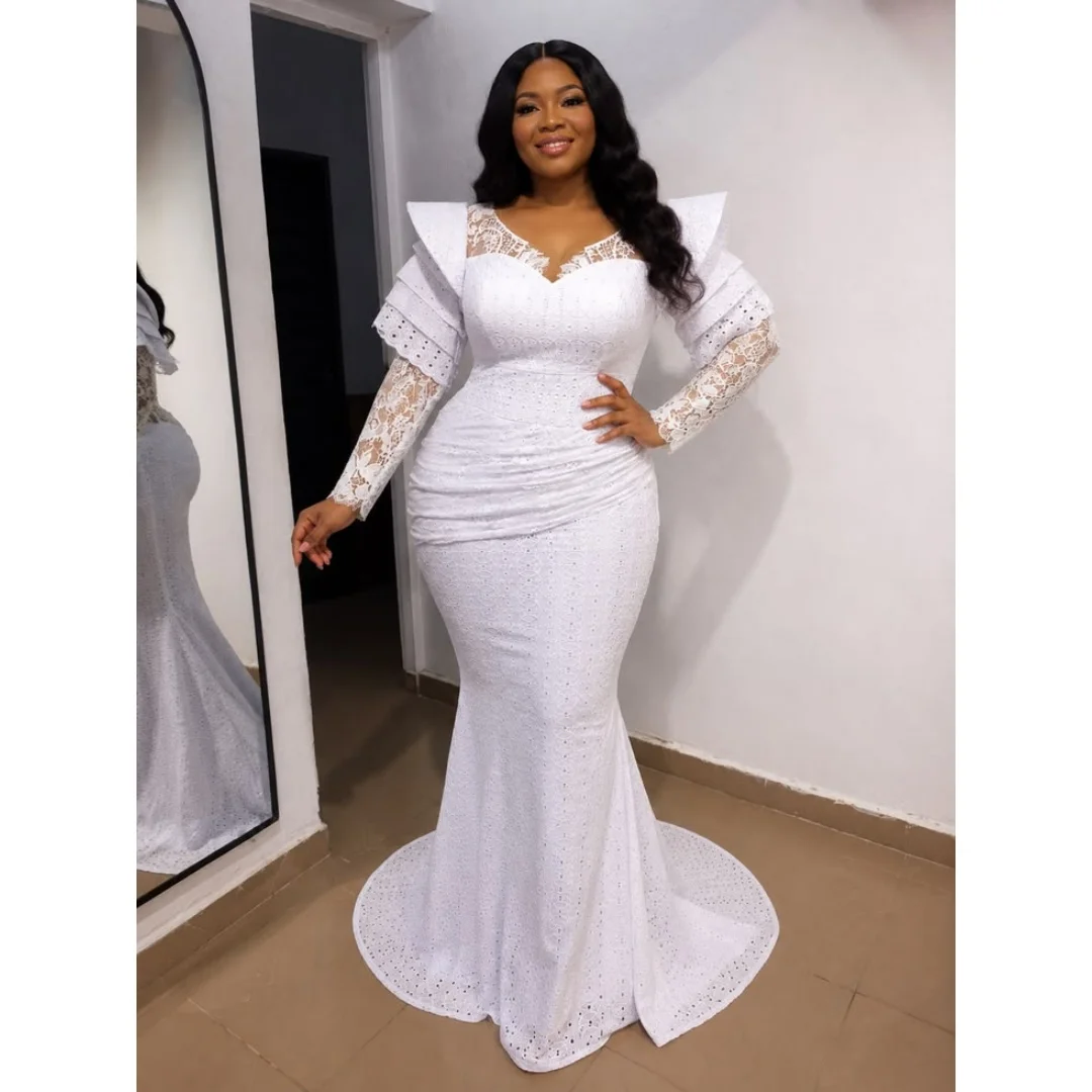 Customized White Eyelet Lace Mermaid Wedding Dress Tiered Ruffle Long Sleeve Plus Size African Bridal Gown With Small Train