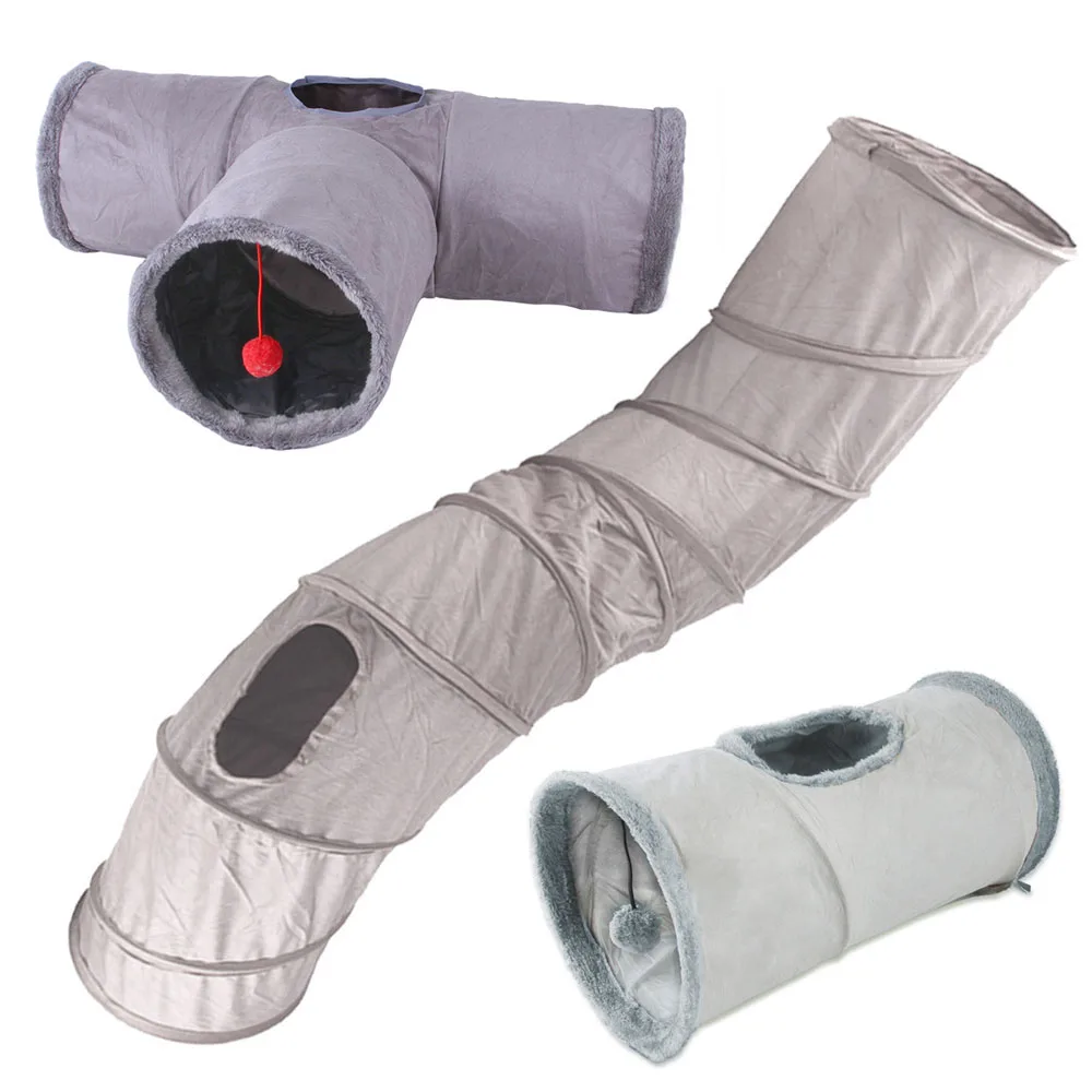 Cat Tunnel Indoor Collapsible Cat Toys S-shaped Play Tube Grey Suede Pet Crinkle Tunnels 4 Styles Roller Track Cat Toys