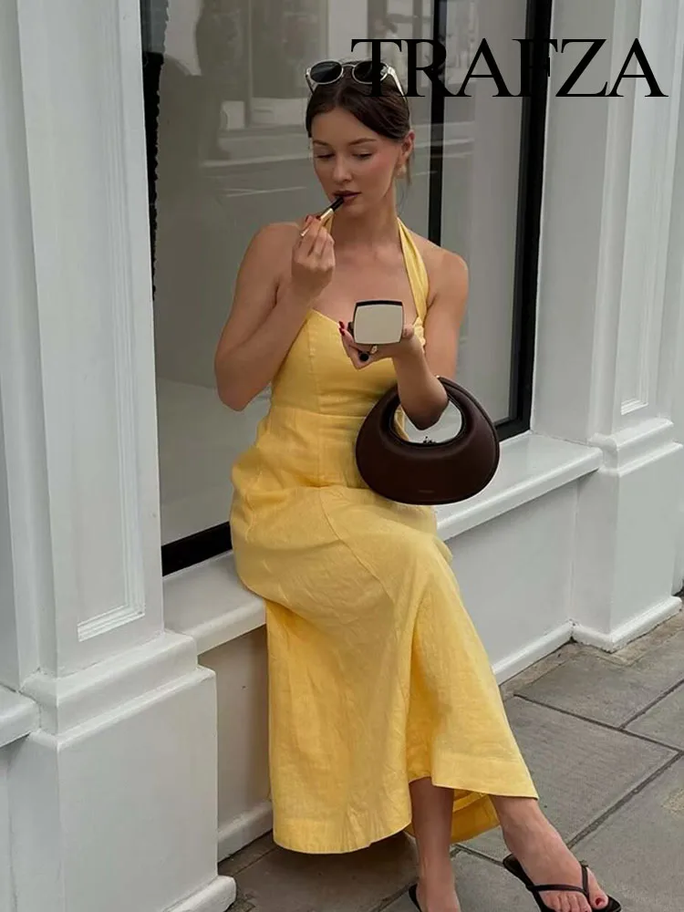 

HH Women's Summer Fashion Slim Dresses Solid Square Collar Backless Zipper Female Beach Style Sexy Sleeveless Long Dress