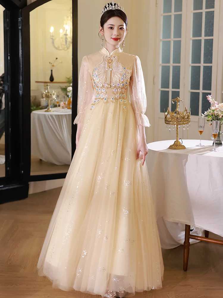 

Champagne Evening Gown 2026 New High-End Lightweight Luxury Fem Host Dr Ele Aosphere Annual Meeting Skirt Nylon F...