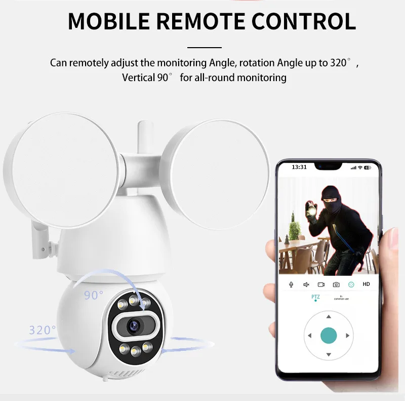 4MP iCsee APP  Floodlight For Warehouse Courtyard Full Color Wireless PTZ IP Dome Camera AI Humanoid Detection CCTV Baby Monitor