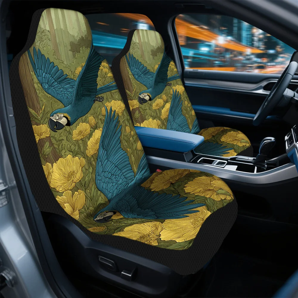 Set Of 2 Car Seat Covers Featuring Parrots Surrounded By Yellow Flowers – Ideal For Cars, Trucks, Vans, And Suvs | Long-Lasting