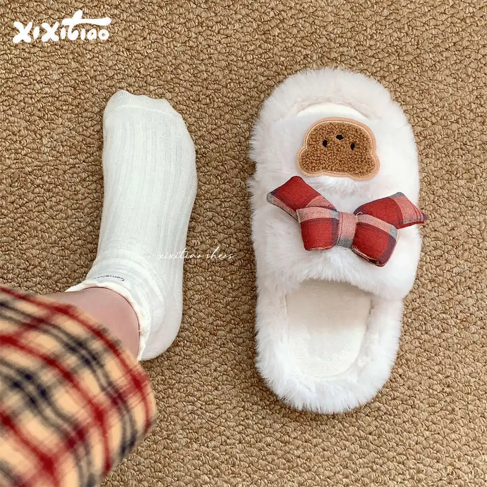 

Winter And Autumn Cute Bow Bear Warm Plush Indoor And Outdoor Comfortable Versatile Slippers