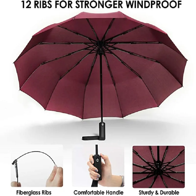 12 Ribs Folding Umbrella Windproof Compact Travel,Auto Open/Close Large Rain Umbrellas W/Polyester Coating, Ergonomic Handle FRE