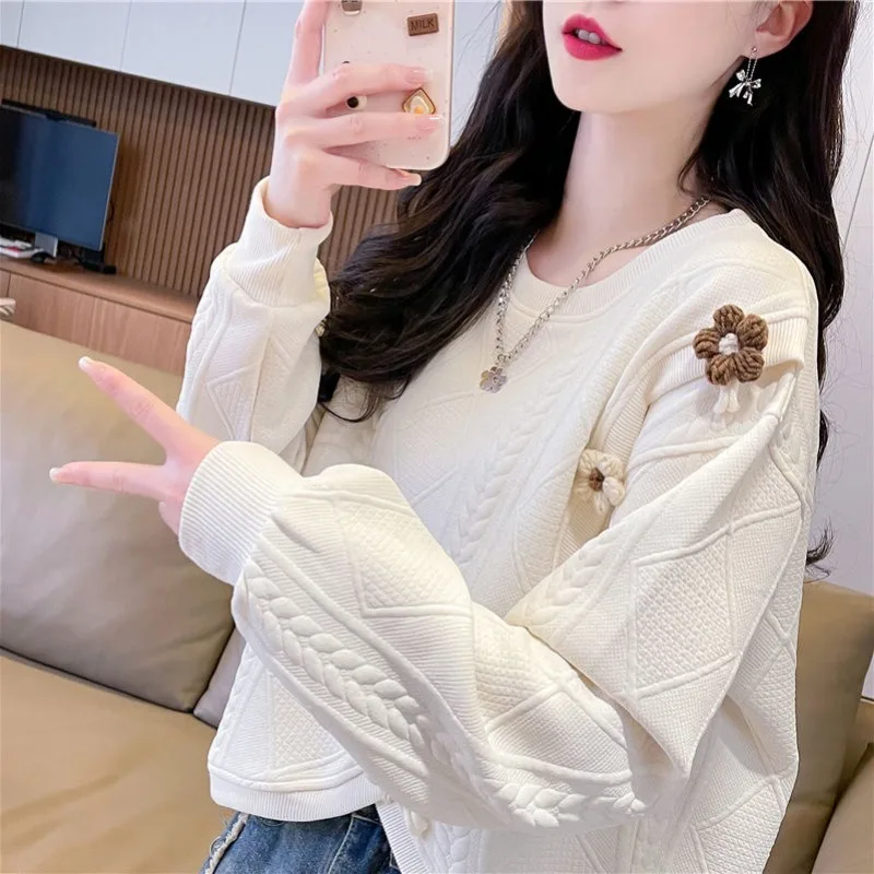 Short Sweatshirt for Women in Spring and Autumn New Design Loose Large Size Slimming Versatile Round Neck Pullover Top Trendy