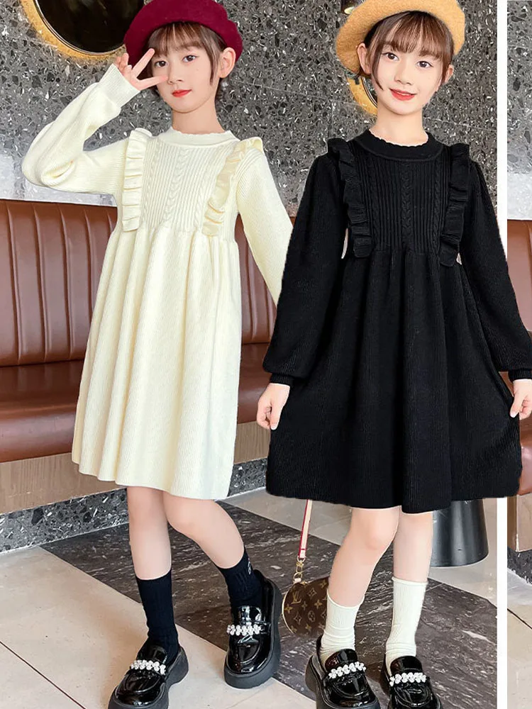 

Big Girls Winter Knit Dresses Christmas Red Black White Clothes New 2025 Fall Long Sleeve Dress For Little Girls Solid Color